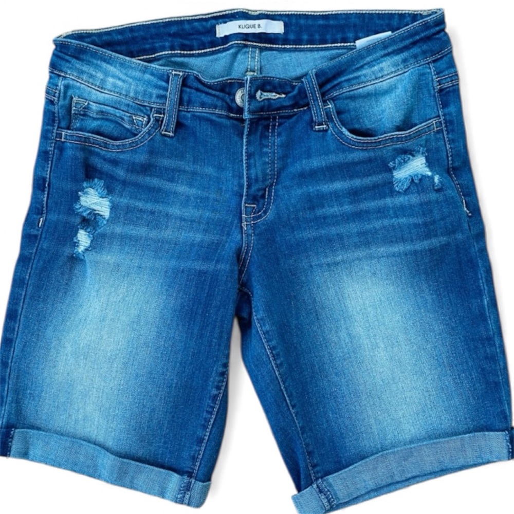 KLIQUE B Shorts Jorts Bermuda Denim Blue Jeans Distressed Size 27 Summer